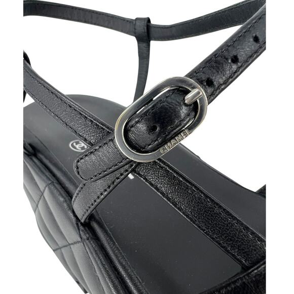 Chanel 2023 Calfskin Quilted Slingback Wedge Logo Sandals - Picture 12 of 16